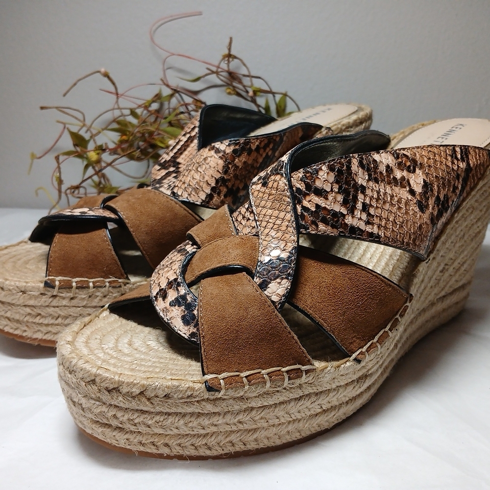 Kenneth Cole New York Suede & Snakeskin Espadrille Wedge Sandals Womens Sz 11